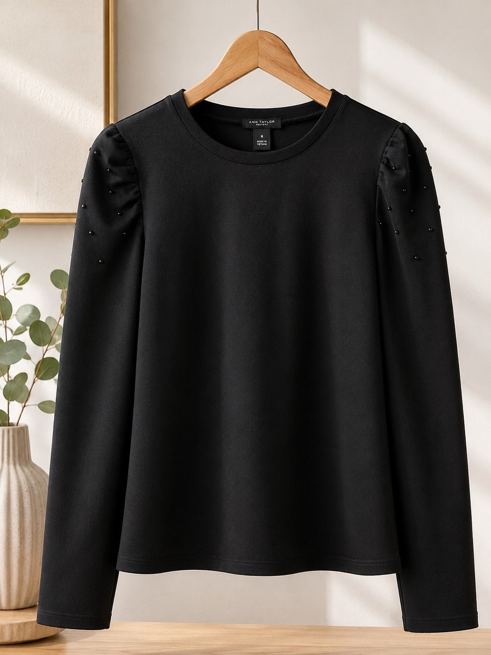Ann Taylor Factory Black Embellished Puff Sleeve Top M NWOT
